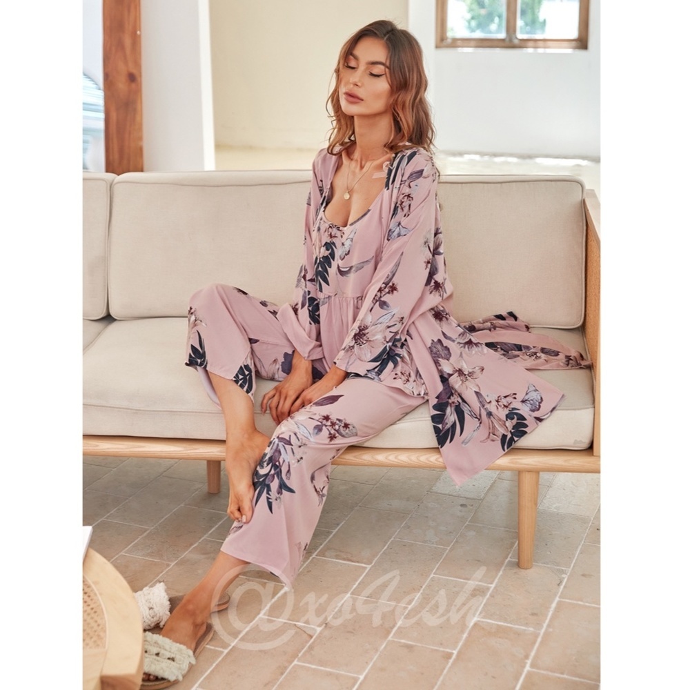 3 Piece Dusty Pink Floral Print Pajama Set